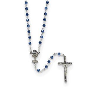Silver-tone Blue Glass Bead Communion Boxed Rosary